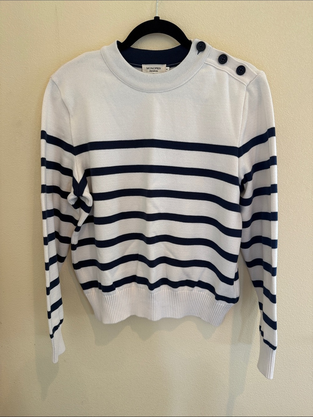French Monoprix Navy and White Striped Button-Shoulder Sweater